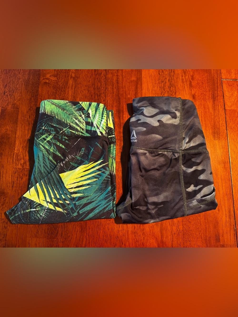 Fabletics Tropical Leaf Print & Reebok Gray Camo Leggings
